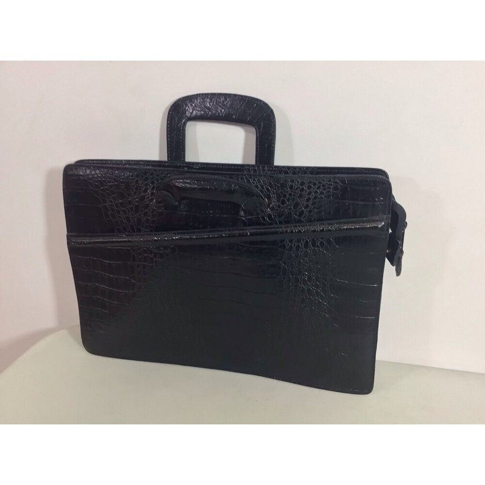 Vintage Croc Embossed Black Leather Laptop Bag Briefcase